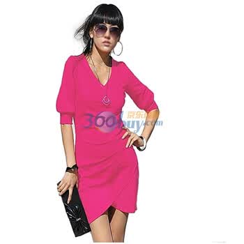 天空岛韩国春季新款时尚百搭玫瑰中袖花苞裙 高档水晶棉连衣裙 B10J 玫红色 L