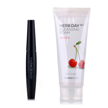 The face shop迪肤适 樱桃洗面奶洁面美白170ml+浓密防水黑杆大肚子睫毛膏 01#7ml