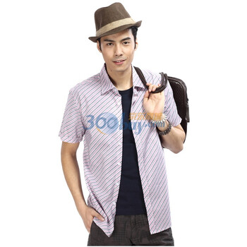 玛兰西卡 夏季新品 时尚潮流 男士修身纯棉 时尚印花短袖衬衫 D1151 粉色菱形 44/185
