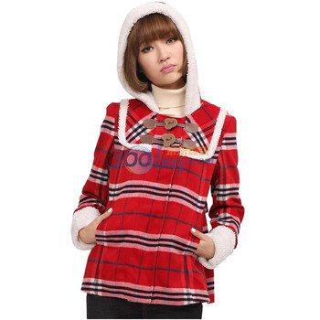 茵佳妮外套女装新品假日风甜美格子连帽毛呢外套5114-1420026 红色 L