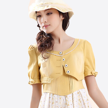 Nemow南梦2012新款春装淑女款花边圆领单排扣短袖超短外套A1D075 黄色 L
