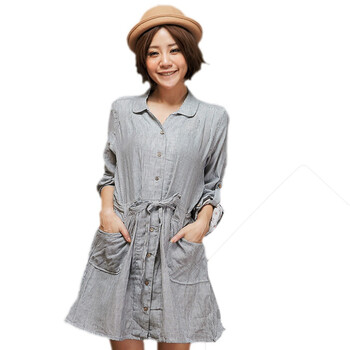 【水漾私语】气质女孩棉柔绑带条纹长袖裙90004／均码F 灰色 均码