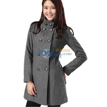 EyesonU+简约时尚双排扣羊毛呢大衣女士小立领外