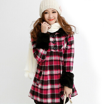 言若 可脱卸毛领毛袖口经典格子呢大衣 DY410055 玫红格 L