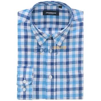 约翰逊JOHANSSON新款亚麻混纺男士休闲格纹长袖衬衫J11SS1009 蓝色 XXL