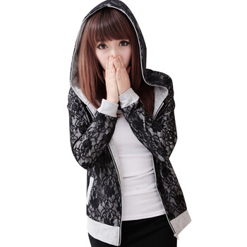 韩都衣舍 韩国卫衣春季新品新年春装女全蕾丝带帽卫衣MV1030 黑色 均码