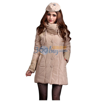 【mydsps】秋冬新款 淑女高领蕾丝拼接加厚保暖羽绒服/女棉服 卡其 XL