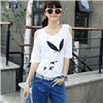 时尚起义 韩国可爱印花露肩休闲T恤 女584761 乳白色 one