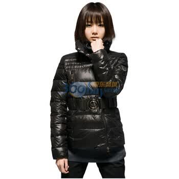 圣迪奥sdeer女装冬隐藏帽斜襟系腰带修身羽绒服1482445 黑色 L