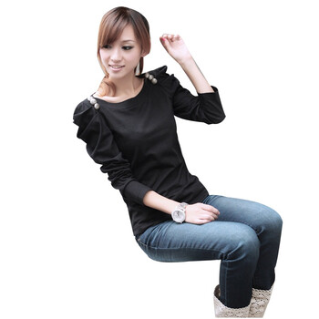 维克莱尔 VLoyal 新款女装韩版修身耸肩黑色时尚长袖女款T恤 VR-30204 黑色 M