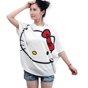 夕昕2012韩版新款春夏女装 休闲宽松Hello Kitty蝙蝠衫斗篷短袖T恤 白色 均码