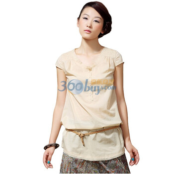 茵曼INMAN2012夏装新款纯色淑女衬衣圆领纯棉短袖衬衫女B10104 杏色 XL
