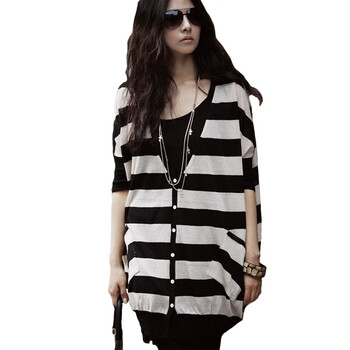 EyesonU 韩版大码女装中袖黑白条纹针织衫开衫外
