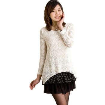 夕昕2012春装新款女装 蕾丝波点假两件套蛋糕裙长袖连衣裙202 白色 XL
