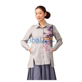 购物赢大奖 茵曼INMAN 2012春装新款双层翻领印花长袖纯棉女衬衫 821011238 浅灰色 XXL