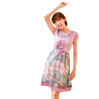 妮蕾迪 2012夏装韩版大花短袖高腰蝴蝶结连衣裙1-8 9002 紫色 XXL
