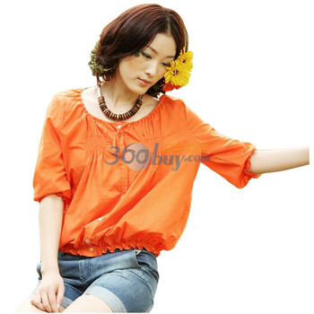 茵曼INMAN2012夏季新款个性娃娃衫圆领纯棉泡泡袖衬衫女B10088 活泼橙 L