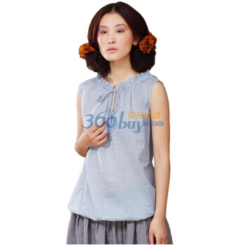 茵曼INMAN 2012夏装新款中长款抽绳淑女衬衣纯棉无袖衬衫MQ8891 蓝色 L