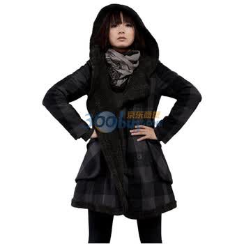 圣迪奥sdeer女装 黑灰格子带帽多袋棉大衣1481857 格子 L