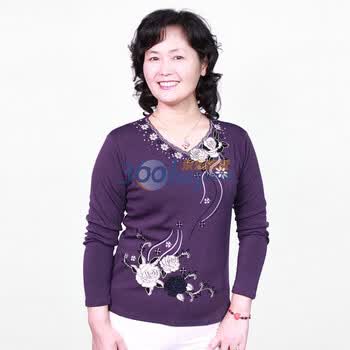 露西法兰 中老年女装春装新款 时尚百搭款妈妈装印花长袖T恤 JS-一枝花长袖 紫色 均码