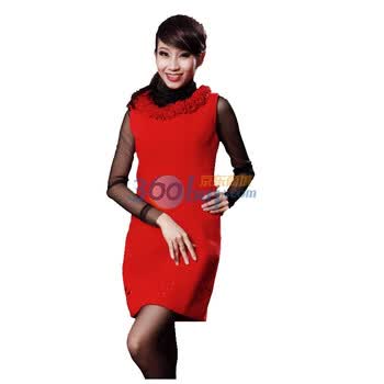 Botetang 波特唐 领口花边镂空刺绣毛呢背心裙连衣裙1289 红色 XXXL