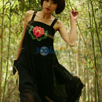 裂帛 2011新无袖 绣花拼接 连衣裙 竹子的诗歌4538 黑色 L