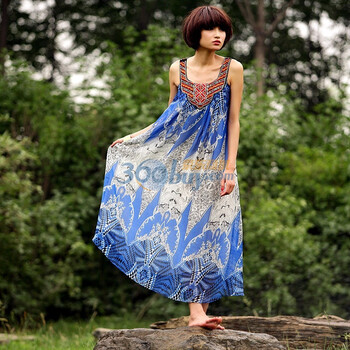 裂帛2011新夏蓝雪纺绣花宽松长款连衣裙子原野4637 深蓝色 L