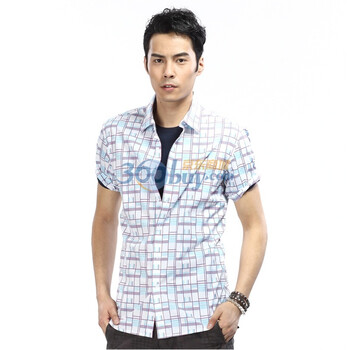 玛兰西卡 夏季新品 时尚潮流 男士修身纯棉 时尚印花短袖衬衫 D1151 蓝紫网格 44/185