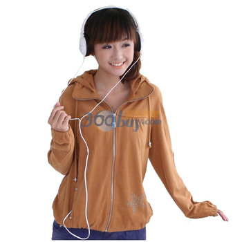 新珑新 slomsin 时尚女装烫钻图案韩版柔软卫衣纯色连帽外套9128 驼色 XL