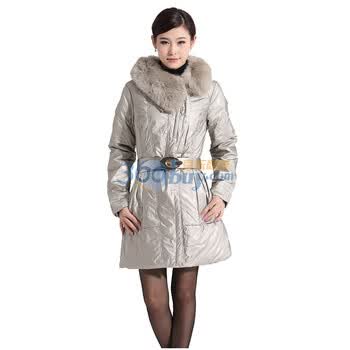 Botetang 波特唐 毛领腰带修身长袖亮面斜翻领羽绒服LX1042 灰色 L