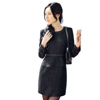 名媛坊 MIRROR FUN新春新款 韩国优雅白领 精纺花呢连衣裙OL裙 4801 黑金色 M