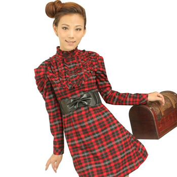 维克莱尔 VLoyal 秋装新款泡泡长袖立领红黑格子气质淑女长款连衣裙 VA-102039 红色 L
