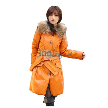 欧菀 欧美大牌 貉子毛 真毛 PU时尚修身长款羽绒服 腰带 橙色 L