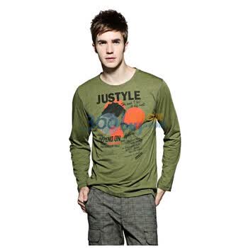 Justyle狗的约定罗纹圆领撞色印花男士长袖T恤 29113007 军绿 XXL