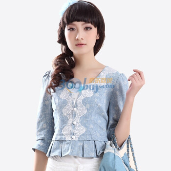 Nemow南梦2012新款春装淑女款V领蕾丝花边单排扣牛仔短外套A1D052 蓝色 L