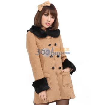 茵佳妮外套女装新品大翻领100%兔毛绒修身高级羊绒毛呢外套5114-1420205 驼色 L