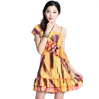 TACERA默语 2012夏装新款斜肩荷叶边印花淑女连衣裙0612 黄色 M