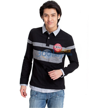 IZOD 校园风撞色拼接男士假两件长袖POLO衫C|11114143131200 正黑 XL(185/102A)