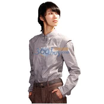 百武西原创升职印记长袖双层领修身衬衫OL小清新T0540 浅烟灰色 L