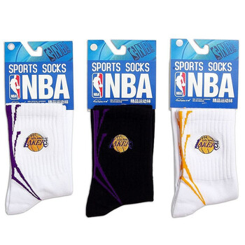 NBA湖人队刺绣队标莱卡精梳棉男士运动袜E032杂色3双装 尺码26-28cm 均码