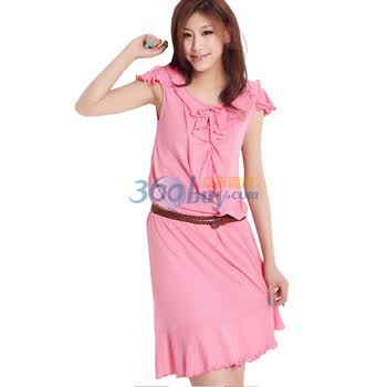 棉花公主 COTTON PRINCESS 春夏款女装OL净色荷叶边淑女中长款连衣裙（送腰带） 1101P538 粉红 S