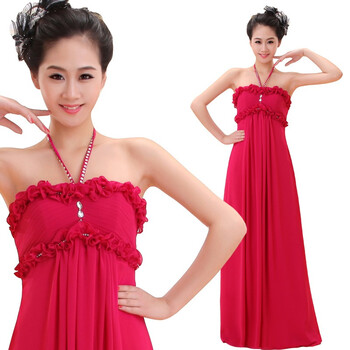 珪瑾guijin优雅挂脖抹胸花边结婚晚礼服宴会服lf1037 枚红色 加大码
