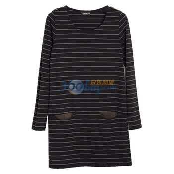 AS安都2012春装新款女装奇趣口袋麂皮袋里条纹裙 9156209 黑色 L