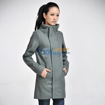 自然逸女装韩版中长款时尚修身加厚呢料风衣毛呢外套9212 绿色 L