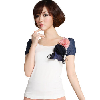 Mogomoda2012夏季新款韩版修身简约圆领拼接牛仔袖百搭女短袖T恤1095 白色 xl