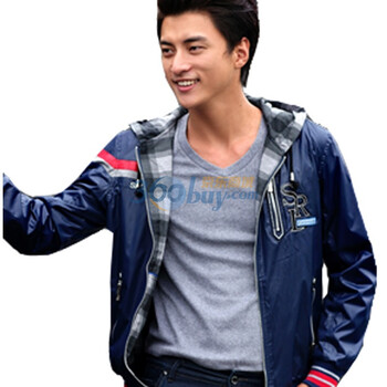 TUOYI2011新品男式秋冬新款时尚修身夹克两面穿连帽外套103蓝色XXL
