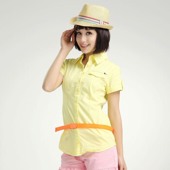 艾夫斯 2012夏装新款女装时尚休闲修身纯色纯棉短袖衬衫210042306 奶黄 XS