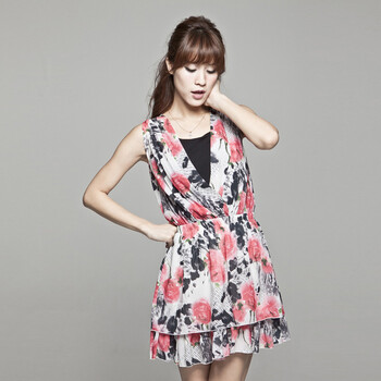 百依秀子 2012夏装新品韩版女装气质印花修身假两件连衣裙2012-B258 红印花 XL