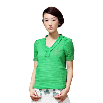 茵曼INMAN2012夏装泡泡袖V领衬衣纯棉短袖衬衫女MQ8888 纯粹绿 XL