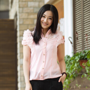 妮蕾迪 2012夏装新款V领荷叶边收腰衬衫A680 浅粉红 XXL'